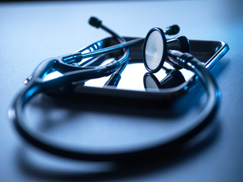 Stethoscope on a metal tray with reflection, used for heart monitoring and medical tests in healthcare.
