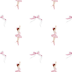 Ballerina watercolor pattern. Hand drawn seamless incredible girl dancer in pink tutu skirt with vintage bows. Clip art on isolated white background of cute ballet beauty. Ideal for baby textiles