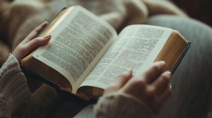 Hands holding a Bible during morning study at home peaceful setting. Simple background focus on scripture for spiritual learning and inspiration.