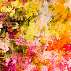 Abstract floral painting. Pink paint splashes. Beautiful artistic texture. Acrylic artwork on canvas. 
Blue and pink background. Blossom abstraction. Big brush strokes.   Drippings of watercolor 