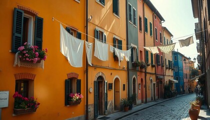 Tourist street with Italian-style houses featuring laundry on lines, full of charm.