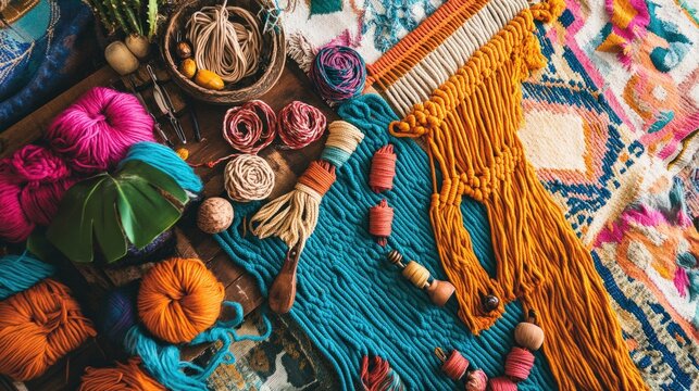 A vibrant macrame setup, with colorful ropes, wooden beads, and a partially completed wall hanging, surrounded by tools and patterns, capturing the creative process and joy of macrame