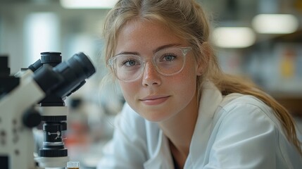 Fototapeta premium Young Female Scientist with Microscope in Laboratory Setting