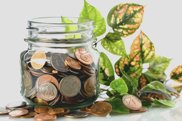 Photo of the jar with coins and green leaves on the table against a white background.