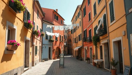 Obraz premium Tourist street with Italian-style houses featuring laundry on lines, full of charm.