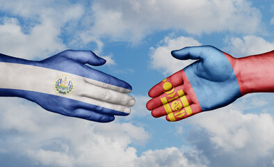 Mongolia and Salvador country handshaking with flags, consensus concept international co-operation illustration