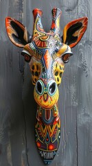 Male artist's depiction of a giraffe head with colorful tribal designs.