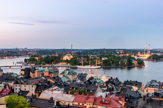 Aerial view of Stockholm's waterfront encompassing the islands of Ostermalm and Djurg�rden.