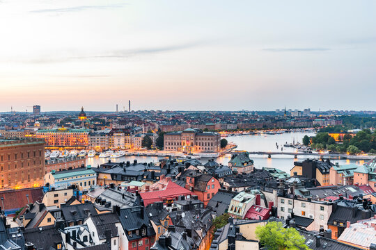 Aerial view of Stockholm with islands, water, and cityscape including Norrmalm and Ostermalm.