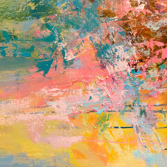 Abstract floral painting. Pink paint splashes. Beautiful artistic texture. Acrylic artwork on canvas. 
Blue and pink background. Blossom abstraction. Big brush strokes.   Drippings of watercolor 