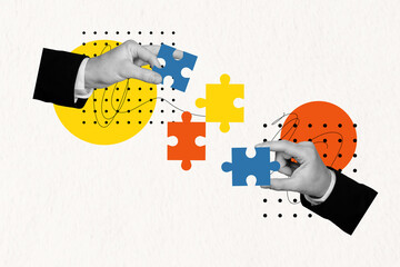 Composite photo collage of people hand match together puzzles game team building business colleagues isolated on painted background