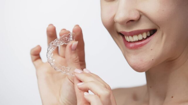 A woman with a beautiful smile and healthy teeth wears an orthodontic silicone trainer. This invisible aligner showcases a modern approach to orthodontics and confidence in her appearance.