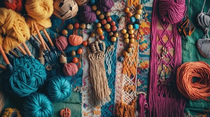 A vibrant macrame setup, with colorful ropes, wooden beads, and a partially completed wall hanging, surrounded by tools and patterns, capturing the creative process and joy of macrame