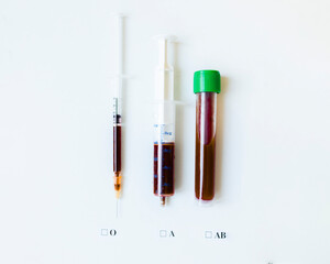 Blood test syringes and vial for blood donation on white background with labels for O, A, and AB blood types.
