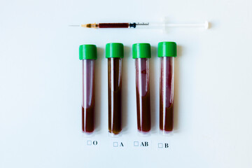 Blood test vials and syringe on a white background, labeled with blood groups O, A, AB, and B.