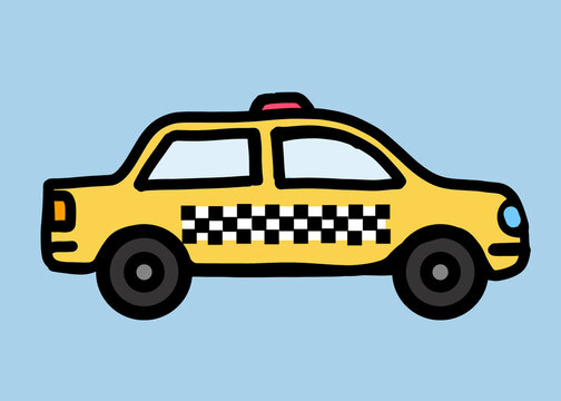 Yellow taxi cab illustration with checkered pattern on blue background.
