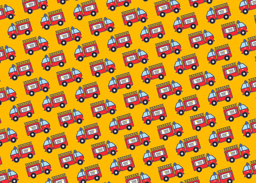 Pattern of cartoon firetruck illustrations on a yellow background