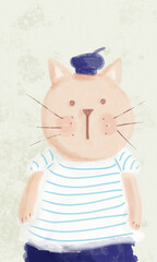 Illustration of a cute marine cat wearing a striped shirt 