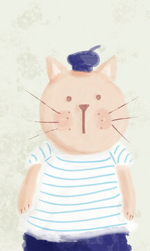 Illustration of a cute marine cat wearing a striped shirt 