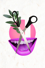 Vertical photo collage of female mouth lips funny laugh scissors cut handicraft leaves branch...