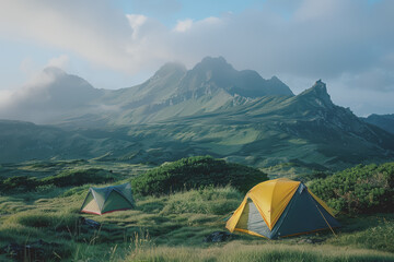 A campsite with two tents, one green and one yellow, set up in a mountainous area.