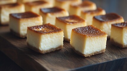 Side view of mini cheesecake bites on a dark wooden board, one bite showing creamy texture inside, soft lighting highlighting the creamy filling, rich shadows creating contrast,