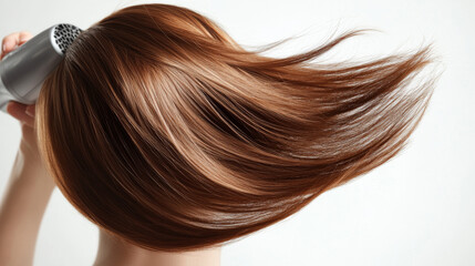 Naklejka premium A woman is getting her hair styled in a studio. A hairdresser is using a hairdryer to create a beautiful, shiny look. The white background highlights the hair's texture and color.