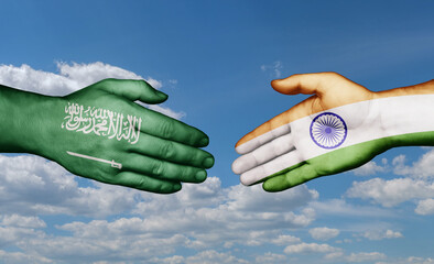 India and Saudi Arabia country handshaking with flags, consensus concept international co-operation illustration