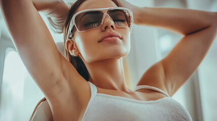 A woman is getting laser hair removal done on her armpits.