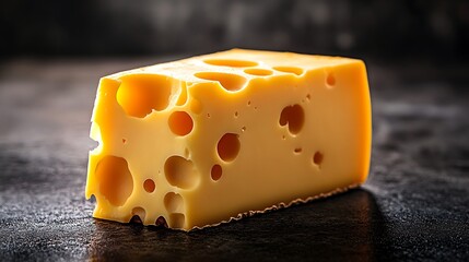 A Gruy&egrave;re cheese block with visible holes, illuminated on a dark gradient background. Focused light from above, casting smooth shadows, minimalist design, isolated subject, high contrast,