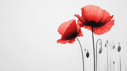 Minimalist design with a red poppy flower and a field of poppies on a white background, representing peace.
