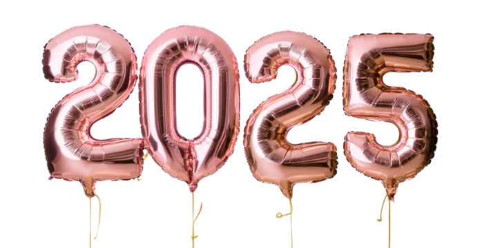 2025 pink gold helium balloons isolated on transparent background