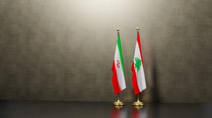 Iran and Lebanon flags on table. Negotiation between Lebanon and Iran. on background. 3D work and...