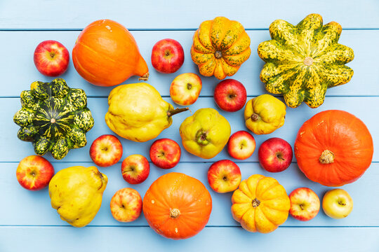 Various apples, quinces, and pumpkins harvested and displayed on a wooden background