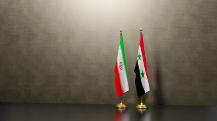 Iran and Syria flags on table. Negotiation between Syria and Iran. on background. 3D work and 3D image
