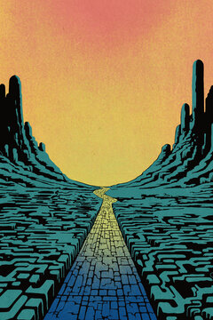 Winding brick road leading to the horizon through a surreal landscape at sunset