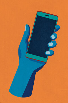 Illustration of a blue hand holding up a smartphone with a blank screen