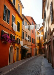  Tourist street with Italian-style houses featuring laundry on lines, full of charm.