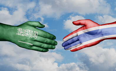 Kingdom of Thailand and Saudi Arabia country handshaking with flags, consensus concept international co-operation illustration