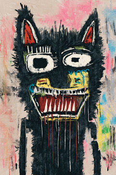 Colorful painting of a stylized black cat showing sharp teeth and a wild ferocious expression.