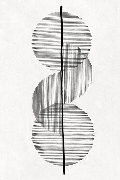 Minimalist black and white illustration featuring three interlocking circles formed with thin lines