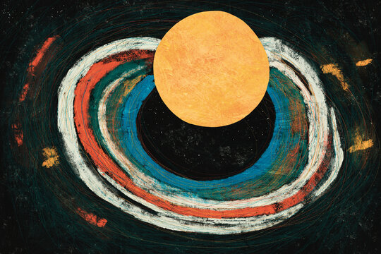 Colorful abstract painting of a planet orbiting in the vast expanse of outer space