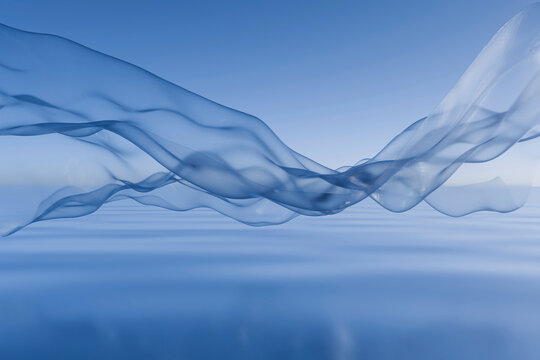 Blue fabric flowing over water surface on blue sky background.