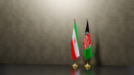Iran and Afghanistan flags on table. Negotiation between Afghanistan and Iran. on background. 3D work and 3D image