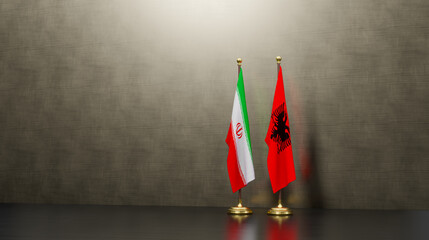 Iran and Albania flags on table. Negotiation between Albania and Iran. on background. 3D work and 3D image
