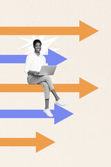 Vertical photo collage of happy american girl type macbook device work arrow pointer promotion concept aim isolated on painted background