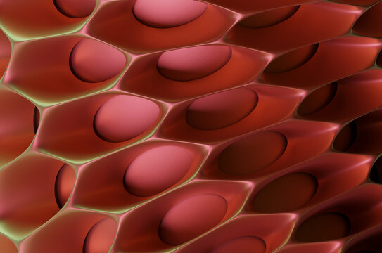Abstract background forming a red honeycomb pattern with holes, useful for technology or architecture designs.