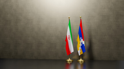 Iran and Artsakh flags on table. Negotiation between Artsakh and Iran. on background. 3D work and...