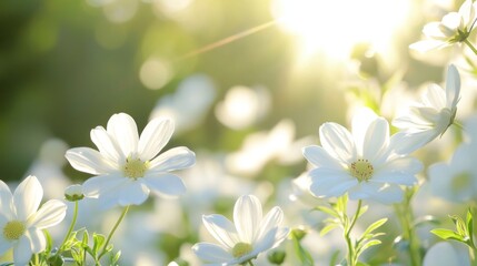 Blossoming Serenity in Sunlit Fields, a tranquil landscape adorned with radiant white flowers basking under warm sunlight, creating a peaceful and harmonious ambiance.