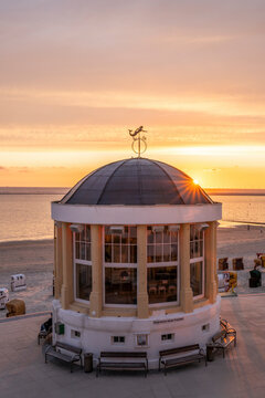 Music pavilion at sunset on the island of Borkum, Lower Saxony, Germany.